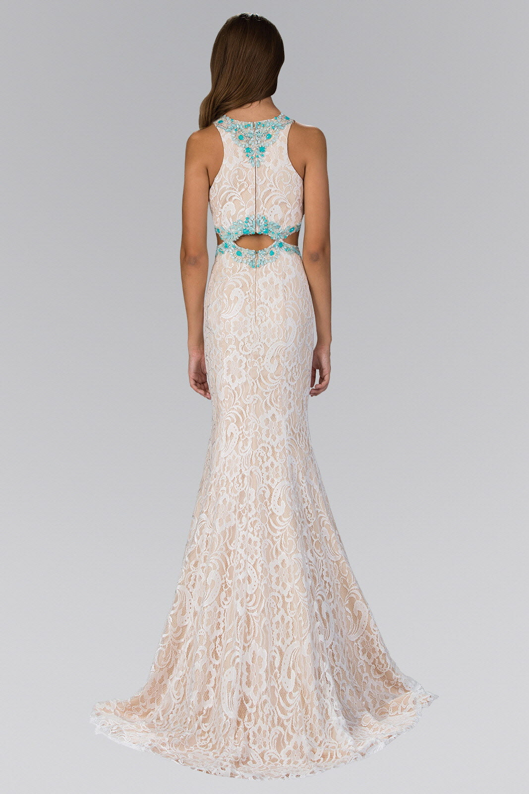 Long Ivory Lace Dress Accented with Bluish Jewel and Cut Outs