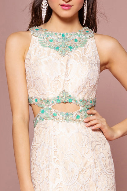 Long Ivory Lace Dress Accented with Bluish Jewel and Cut Outs