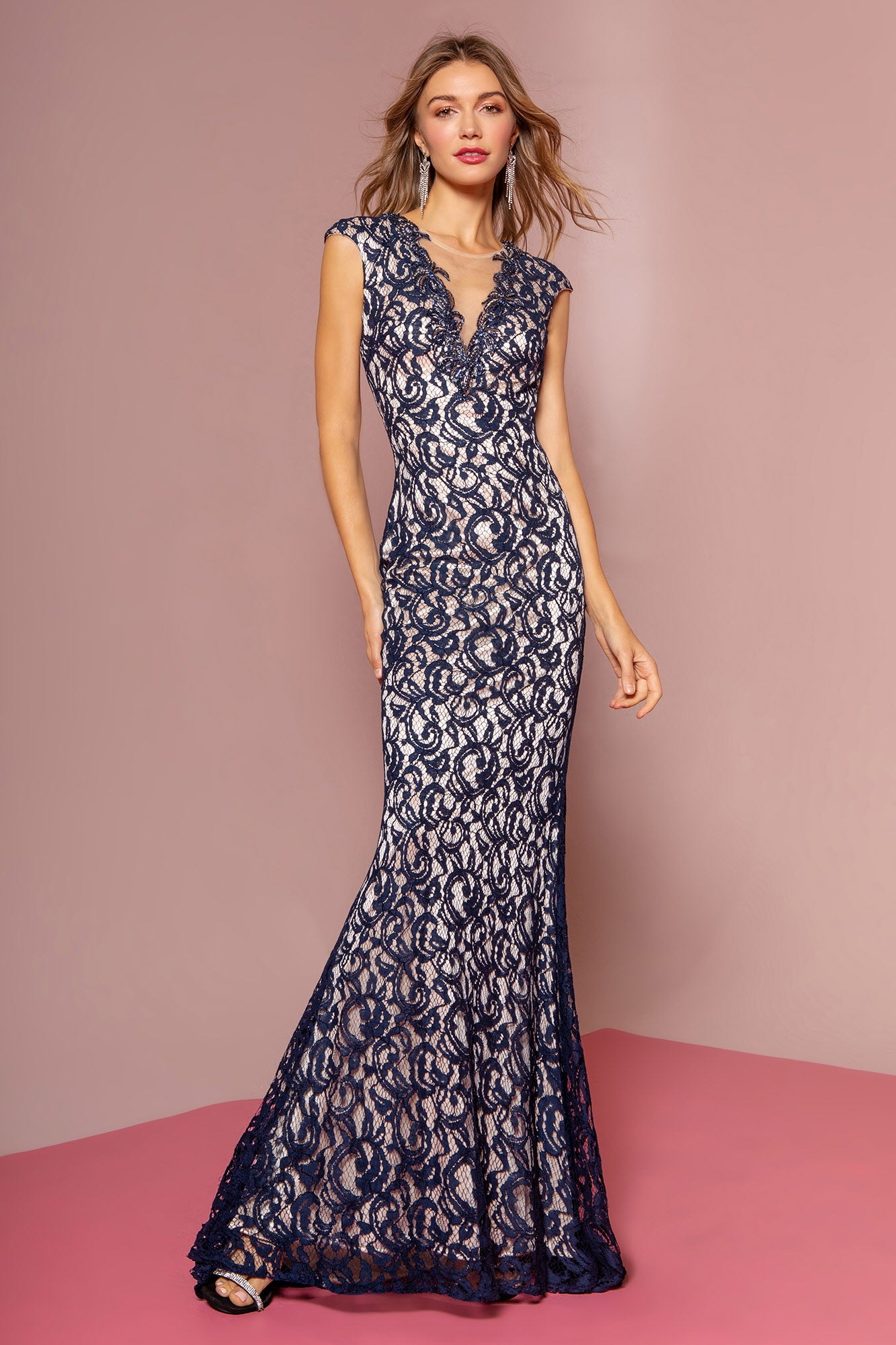 Lace Floor Length Dress with Beaded V-Neck and Sheer Back