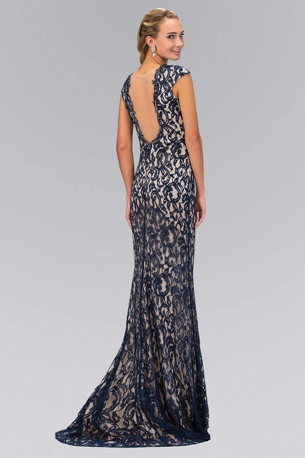 Lace Floor Length Dress with Beaded V-Neck and Sheer Back