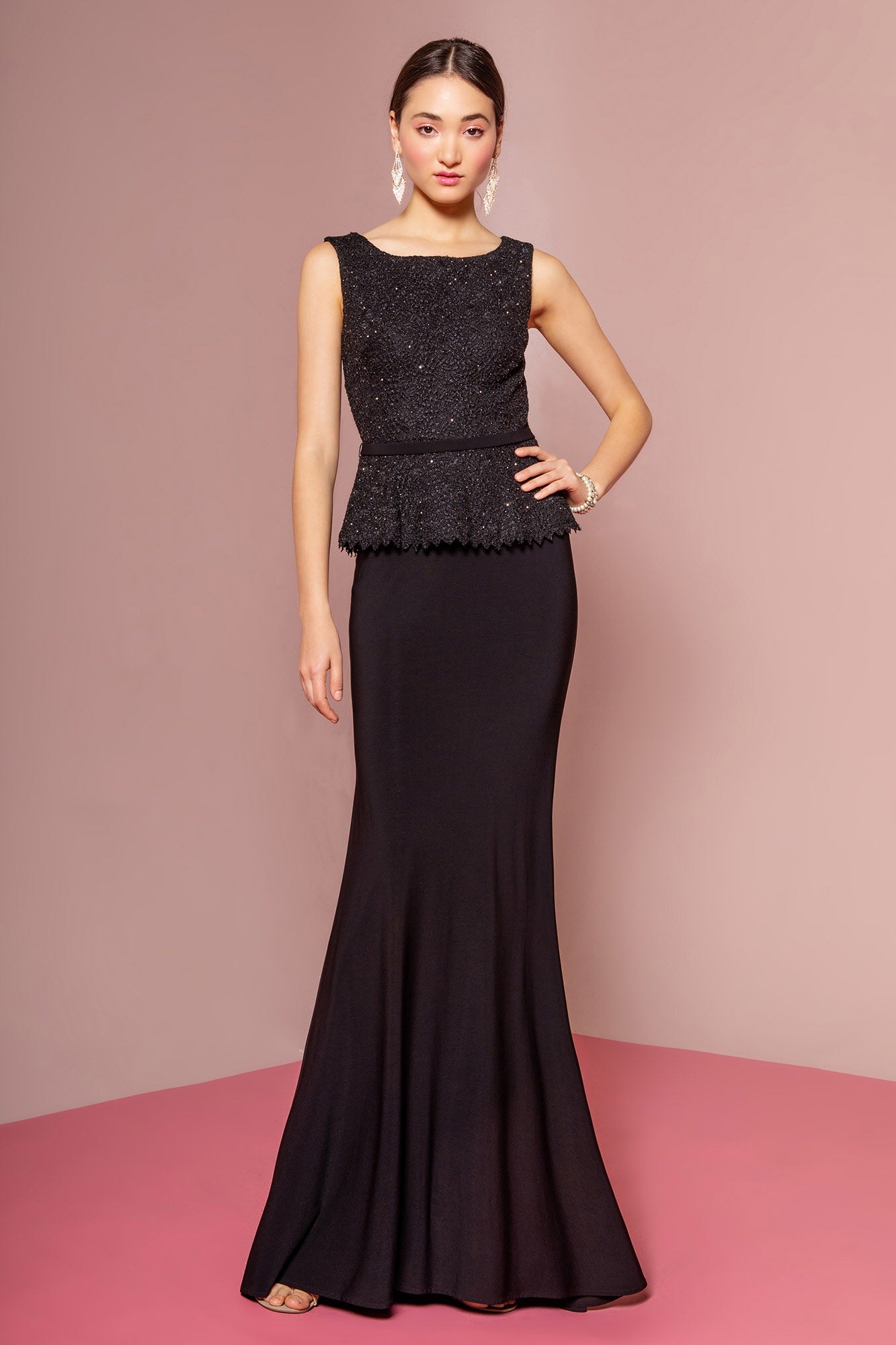 Peplum Floor Length Jersey Dress with Lace Bodice