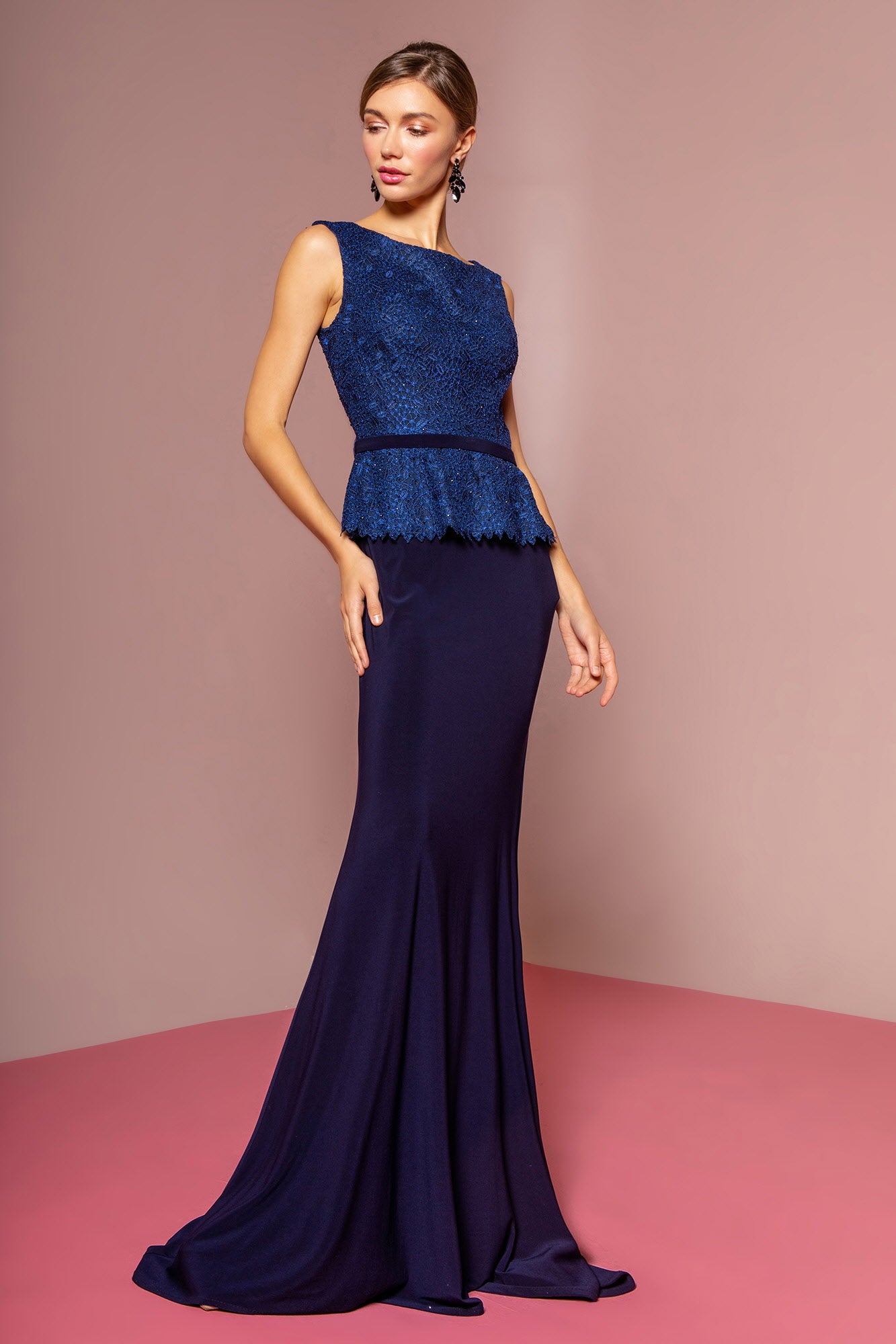 Peplum Floor Length Jersey Dress with Lace Bodice