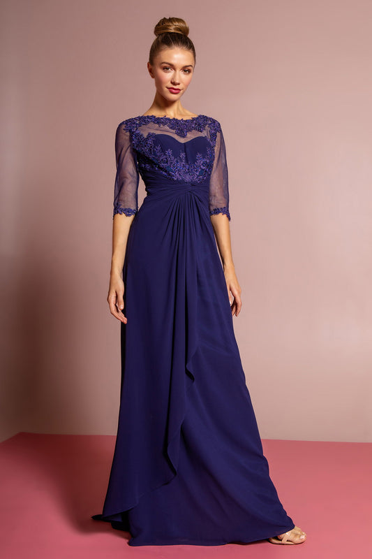 Chiffon Long Dress with Sheer Sleeve and Back