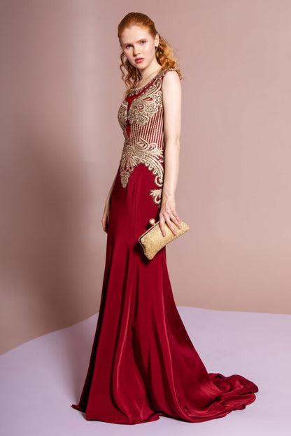 Jewel Embellished Embroidery Jersey Long Dress with Sheer Back