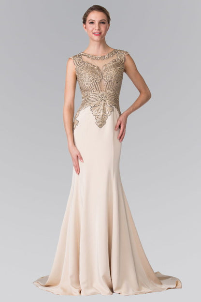 Jewel Embellished Embroidery Jersey Long Dress with Sheer Back