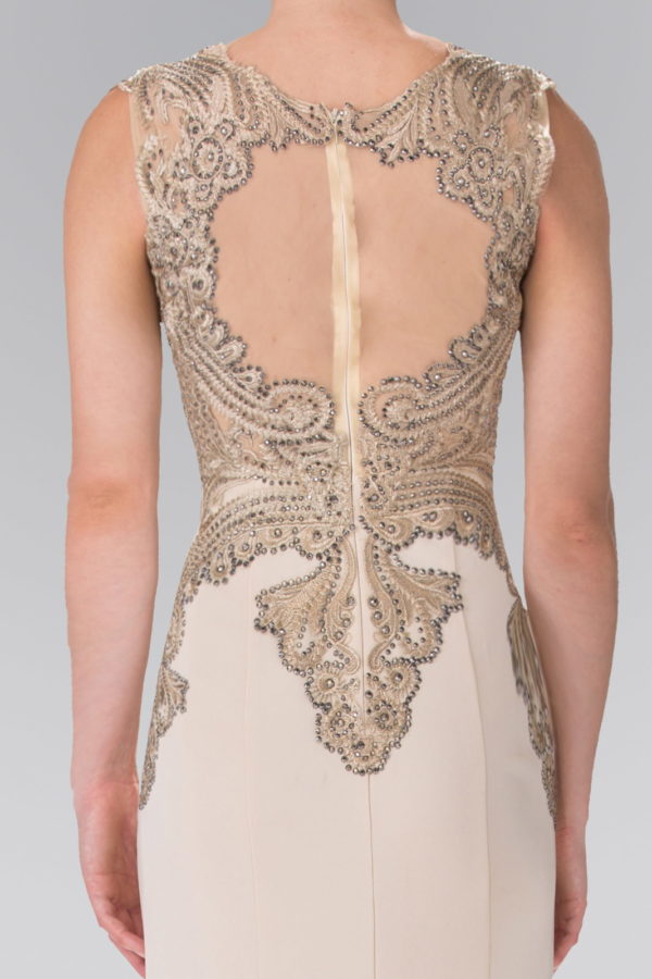 Jewel Embellished Embroidery Jersey Long Dress with Sheer Back