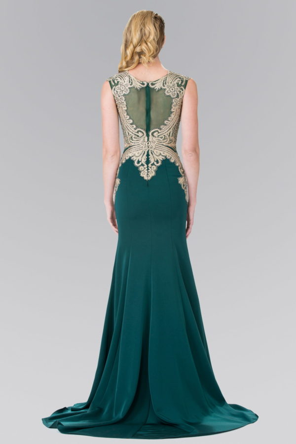 Jewel Embellished Embroidery Jersey Long Dress with Sheer Back