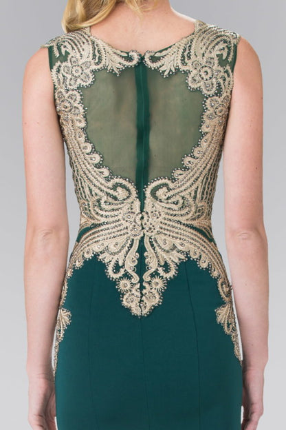 Jewel Embellished Embroidery Jersey Long Dress with Sheer Back