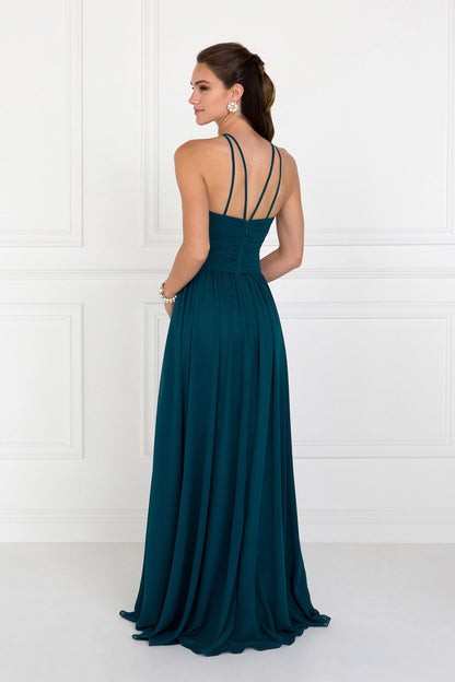 High Neck Chiffon Ruched A-Line Long Dress