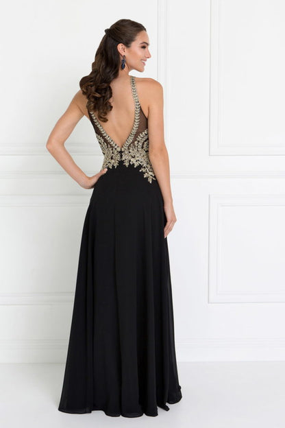 Chiffon Deep V-Back A-Line Long Dress Accented with Embroidery