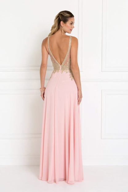 Chiffon Deep V-Back A-Line Long Dress Accented with Embroidery