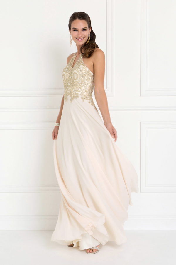 Chiffon Deep V-Back A-Line Long Dress Accented with Embroidery