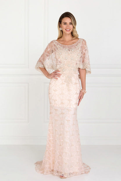 Mesh Mermaid Long Dress with Embroidered Cape Sleeves