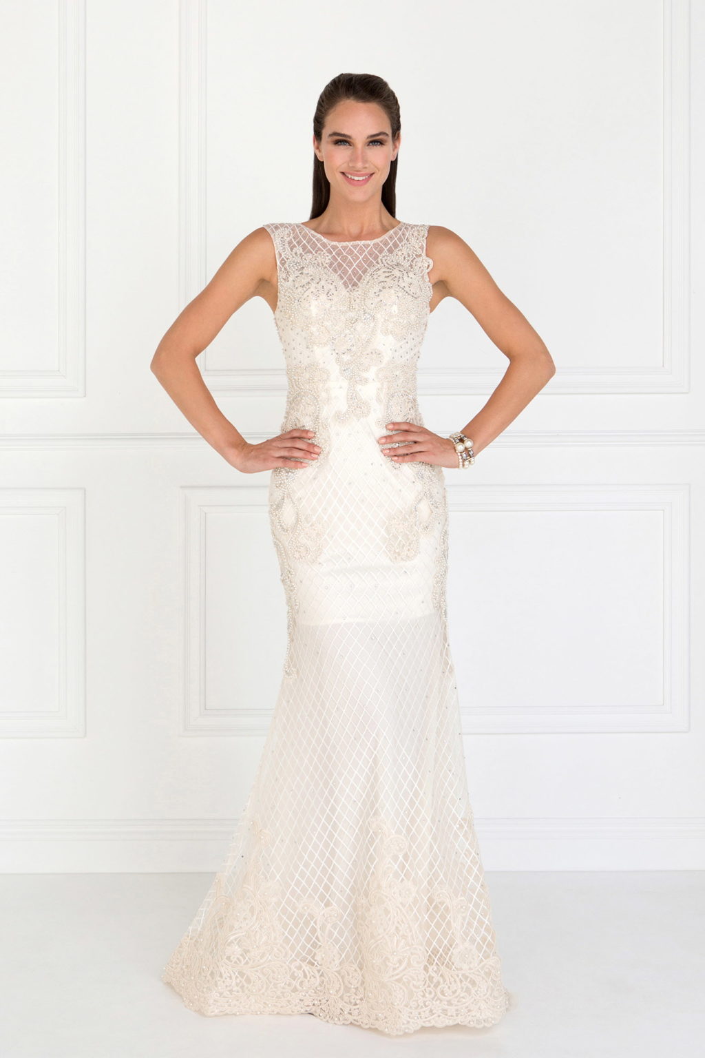 Mesh Mermaid Long Dress with Beads and Jewels Embellished