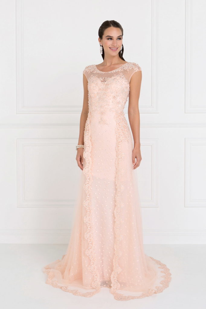 Lace A-Line Long Dress with Tulle Overlay