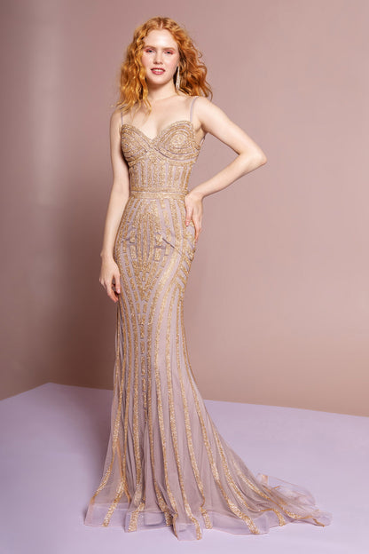 Mesh Sweetheart A-Line Long Dress with Rhinestones