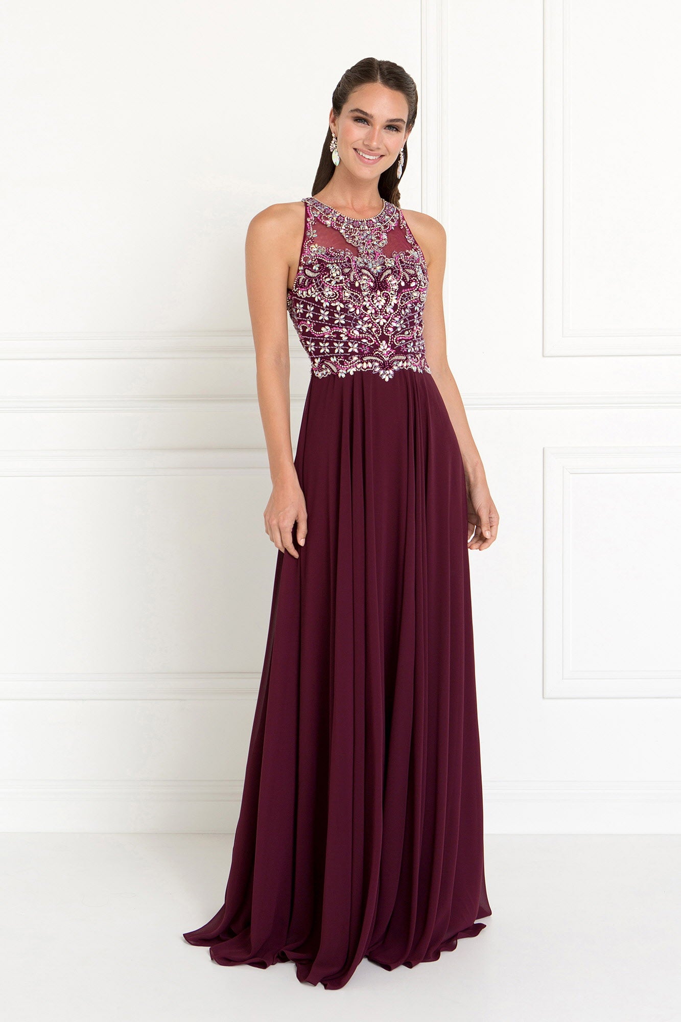 Chiffon A-Line Long Dress with Beads and Jewels Embellished