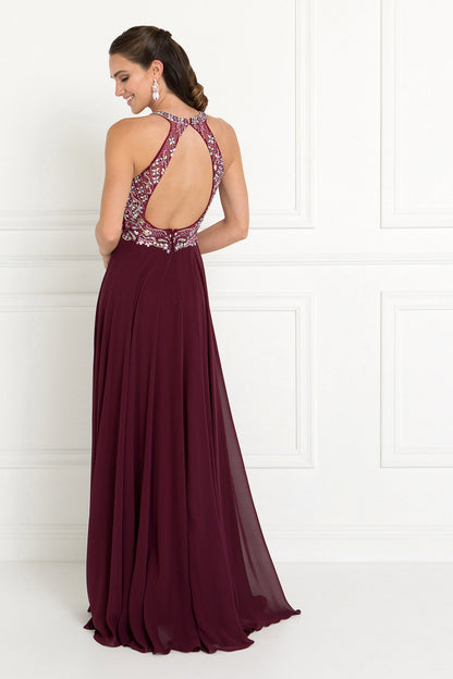 Chiffon A-Line Long Dress with Beads and Jewels Embellished