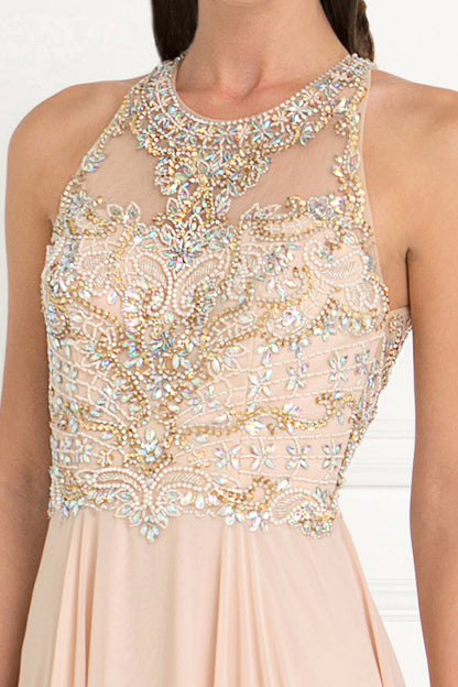 Chiffon A-Line Long Dress with Beads and Jewels Embellished