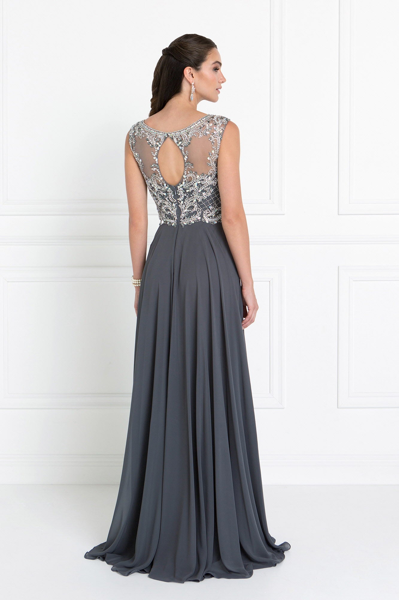 Chiffon Illusion Sweetheart A-Line Long Dress with Cut-Out Back