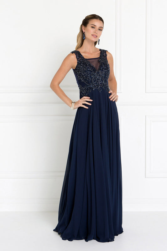 Chiffon Illusion V-Neck A-Line Long Dress with Beads Embellished