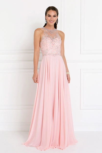 Chiffon Illusion Sweetheart A-Line Long Dress with Rhinestones