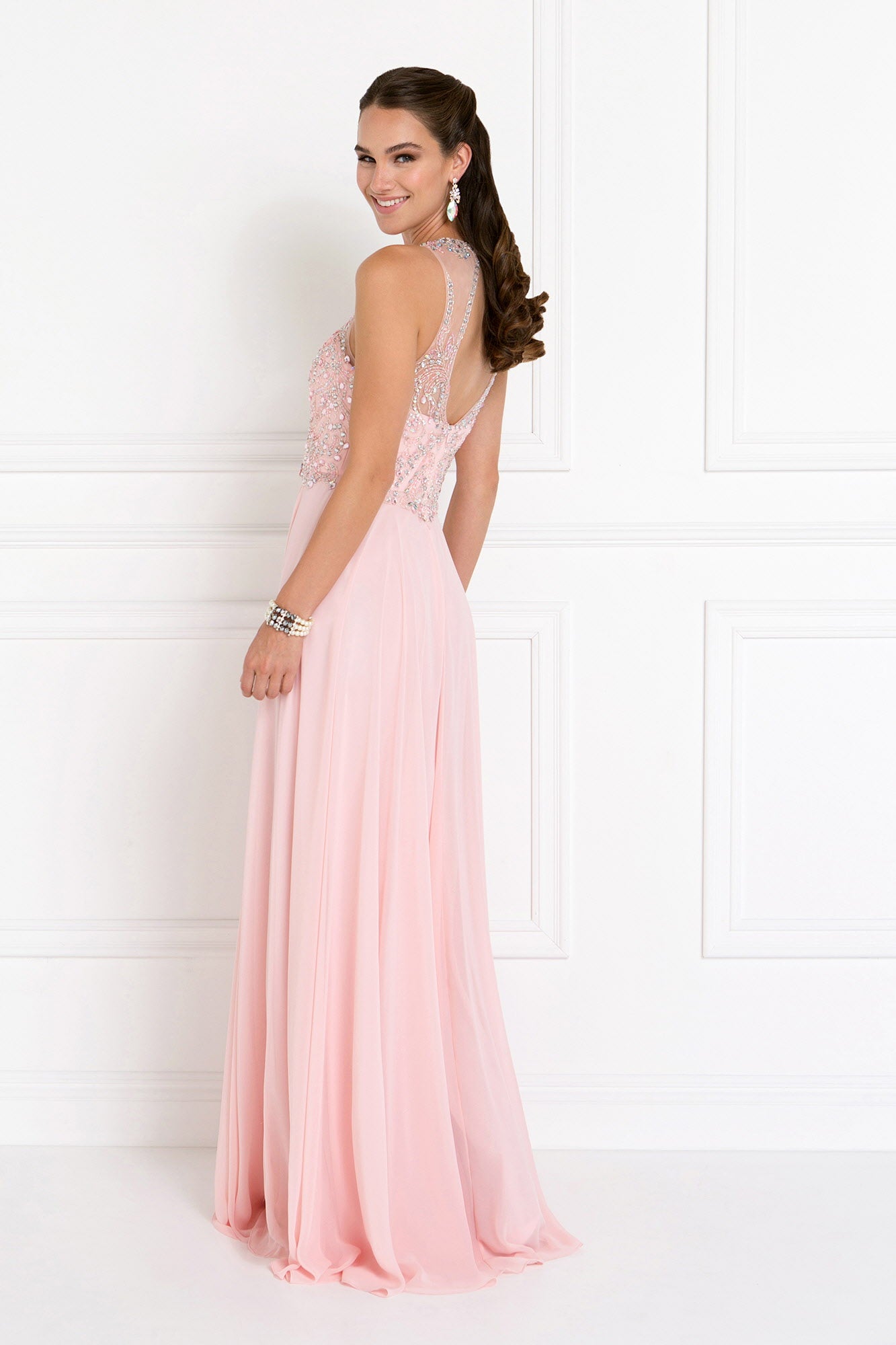 Chiffon Illusion Sweetheart A-Line Long Dress with Rhinestones