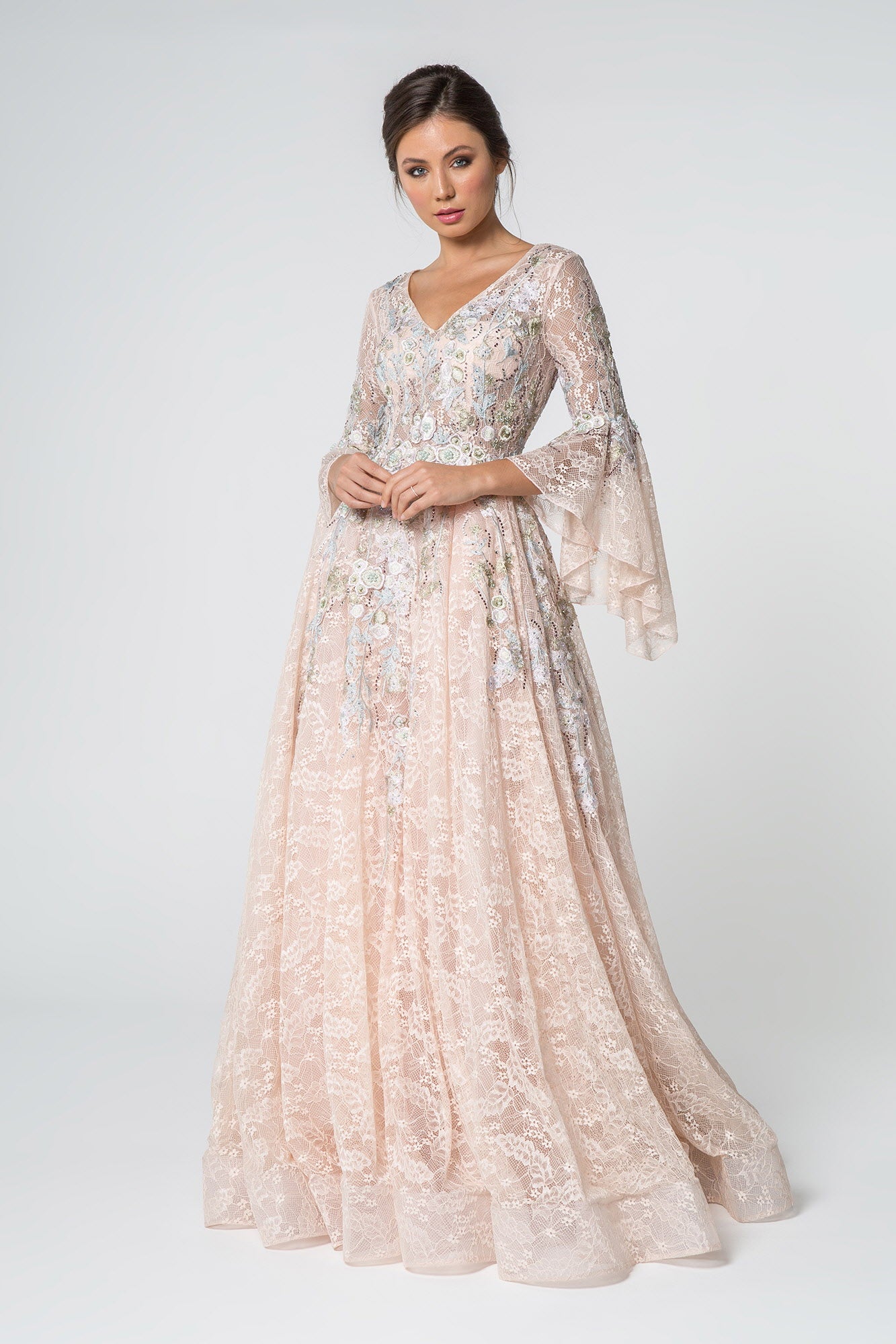 Lace V-Neck A-Line Long Dress with Embroidery and Trumpet Sleeves