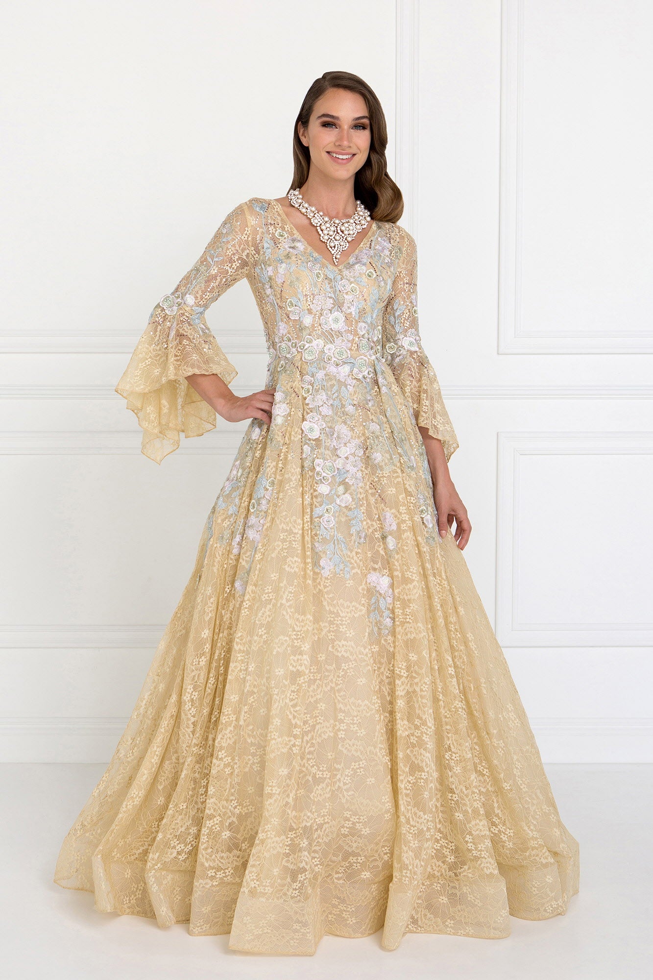 Lace V-Neck A-Line Long Dress with Embroidery and Trumpet Sleeves