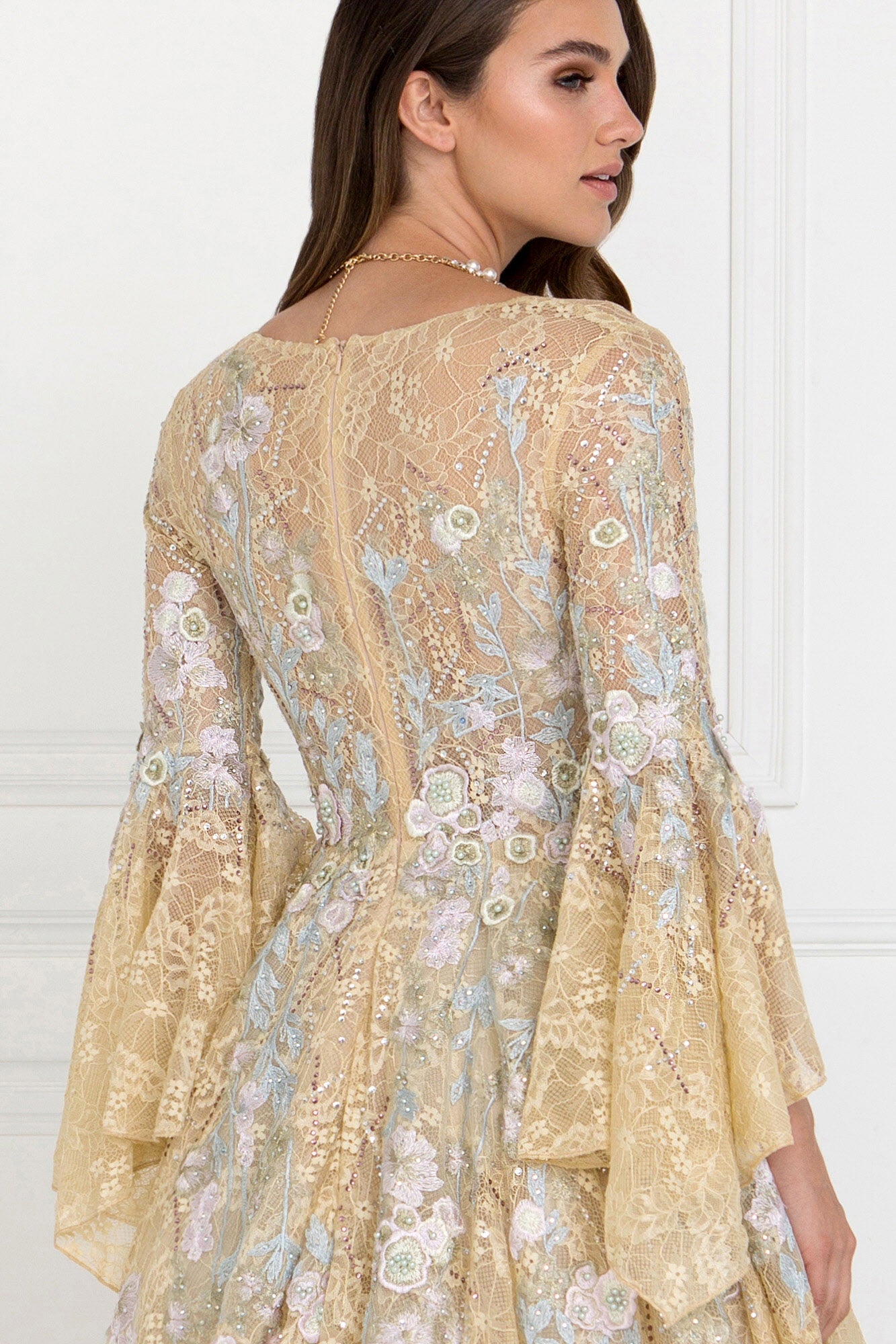 Lace V-Neck A-Line Long Dress with Embroidery and Trumpet Sleeves