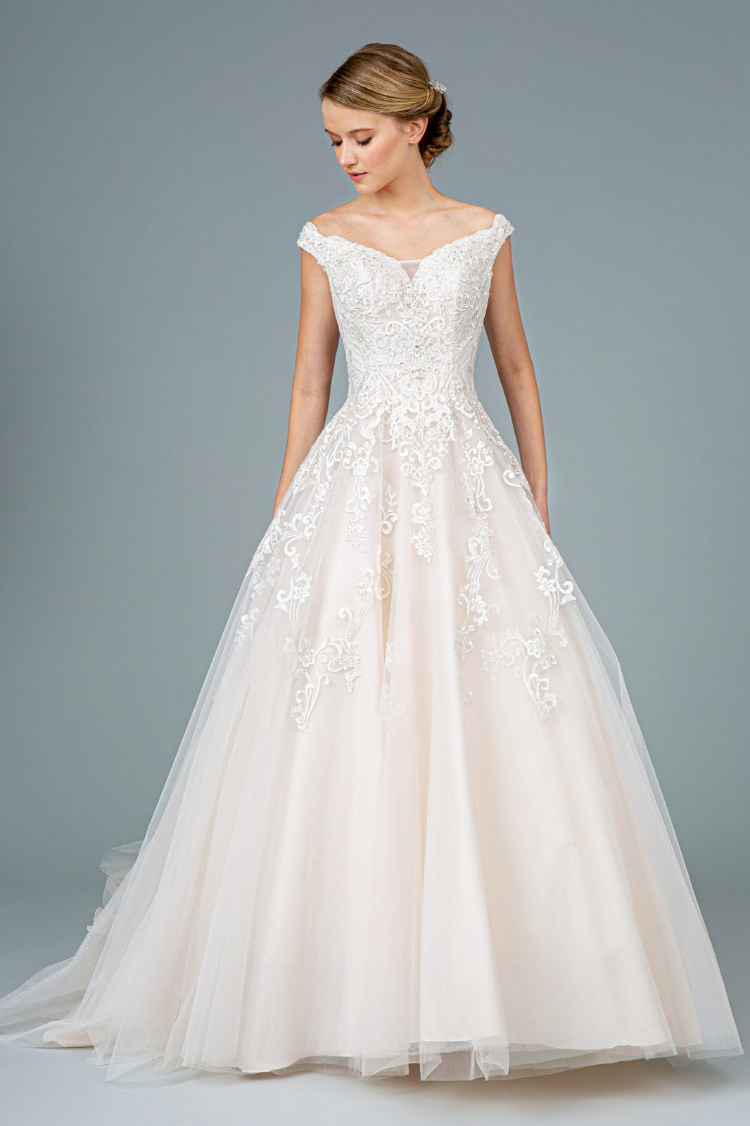 Embroidery Embellished Mesh A-Line Wedding Gown w/ Tail