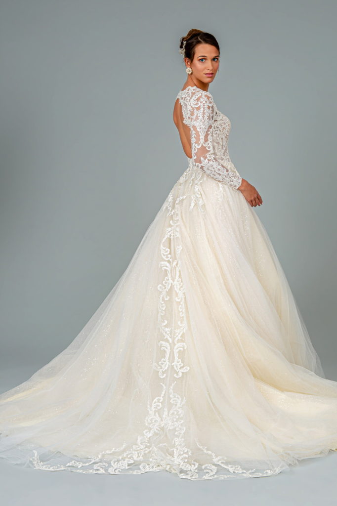 Illusion V-Neck Embroidered Mesh Wedding Gown w/ Sequin Lining