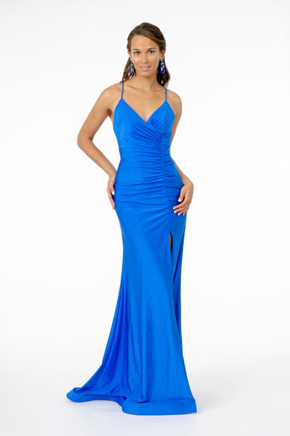 V-Neck Mermaid Ruched Jersey Long Dress w/ Slit