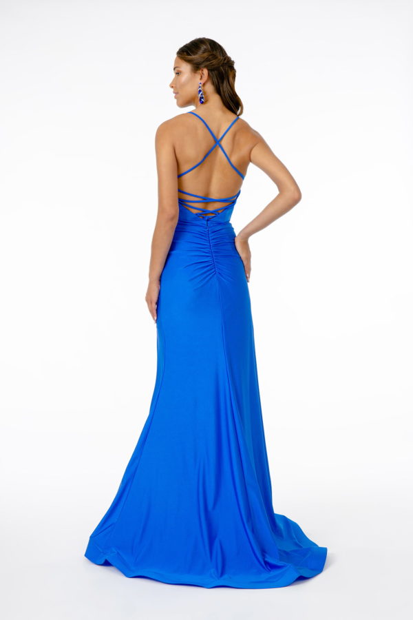 V-Neck Mermaid Ruched Jersey Long Dress w/ Slit