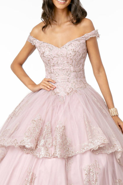 Glitter Embellished Bodice Layered Mesh Skirt Quinceanera Dress