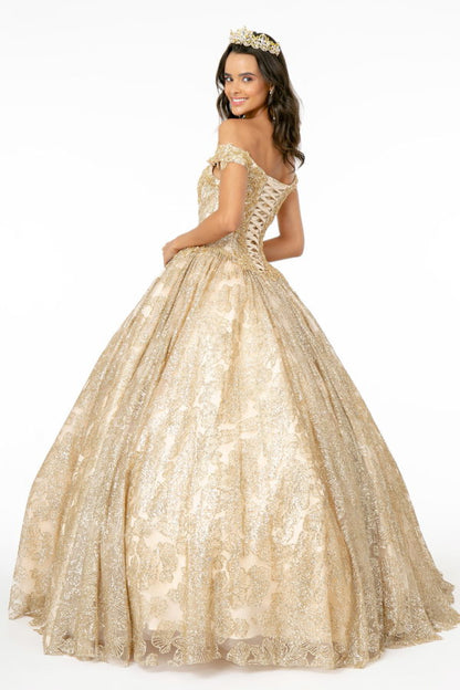 Sweetheart Neckline Cut-Away Shoulder Glitter Mesh Quinceanera Dress