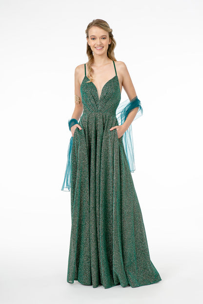 Illusion V-Neck A-Line Glitter Lame Long Dress