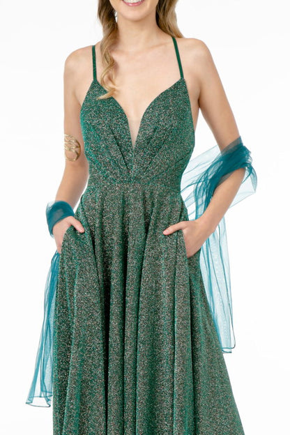 Illusion V-Neck A-Line Glitter Lame Long Dress