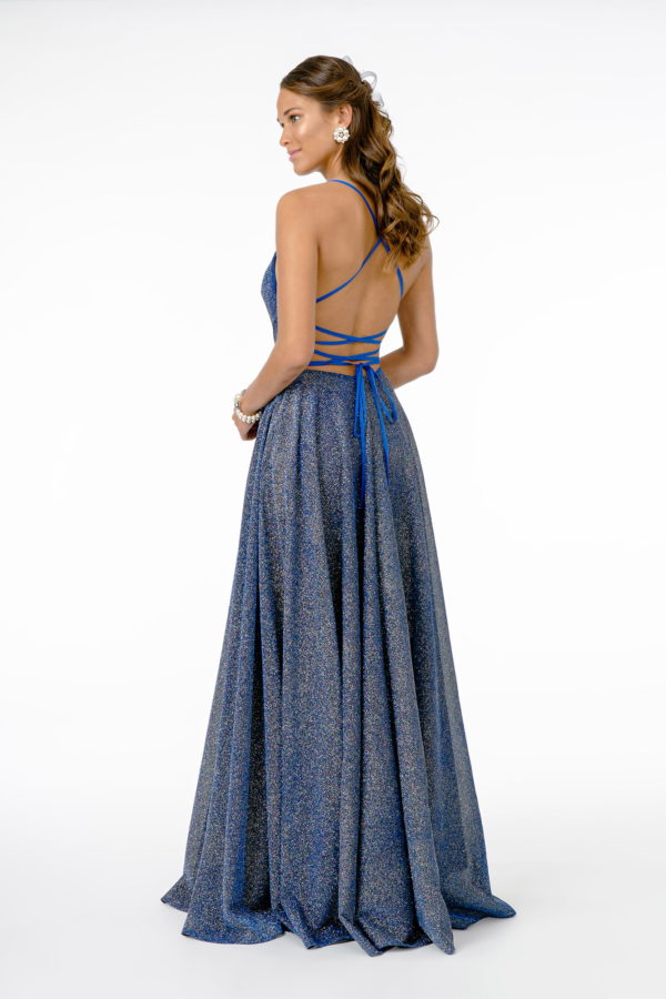 Illusion V-Neck A-Line Glitter Lame Long Dress