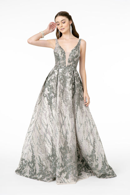 Jewel Embellished Lace Long Dress w/ V-Back