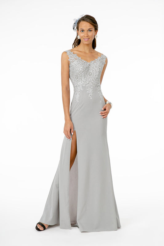 Embroidered Bodice V-Neck Jersey Long Dress w/ Slit