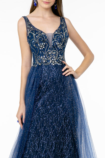 Jeweled Bodice Glitter Mesh A-Line Long Dress