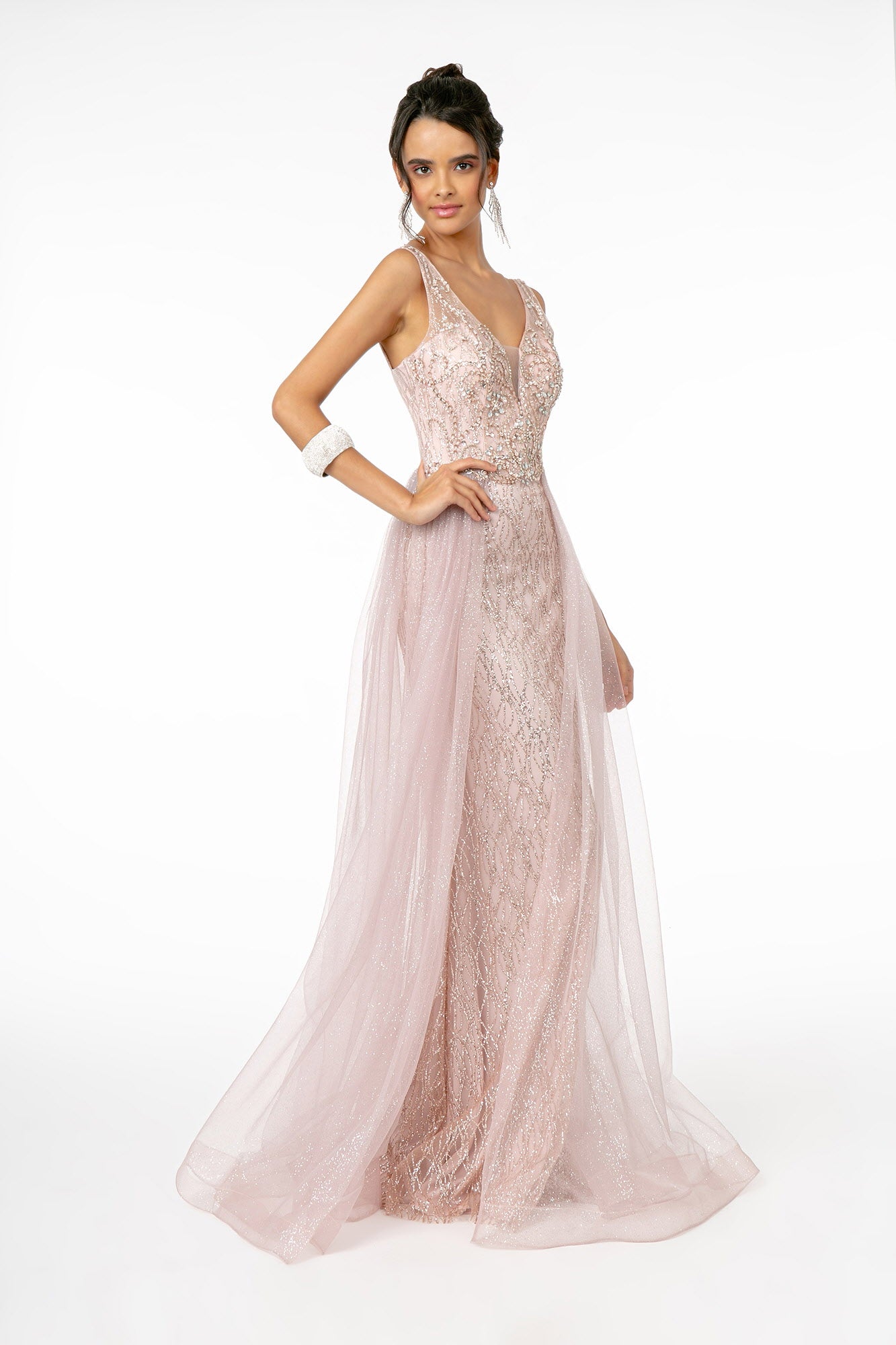 Jeweled Bodice Glitter Mesh A-Line Long Dress