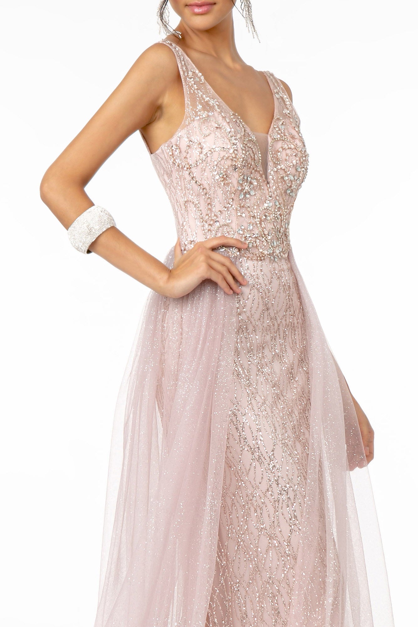 Jeweled Bodice Glitter Mesh A-Line Long Dress