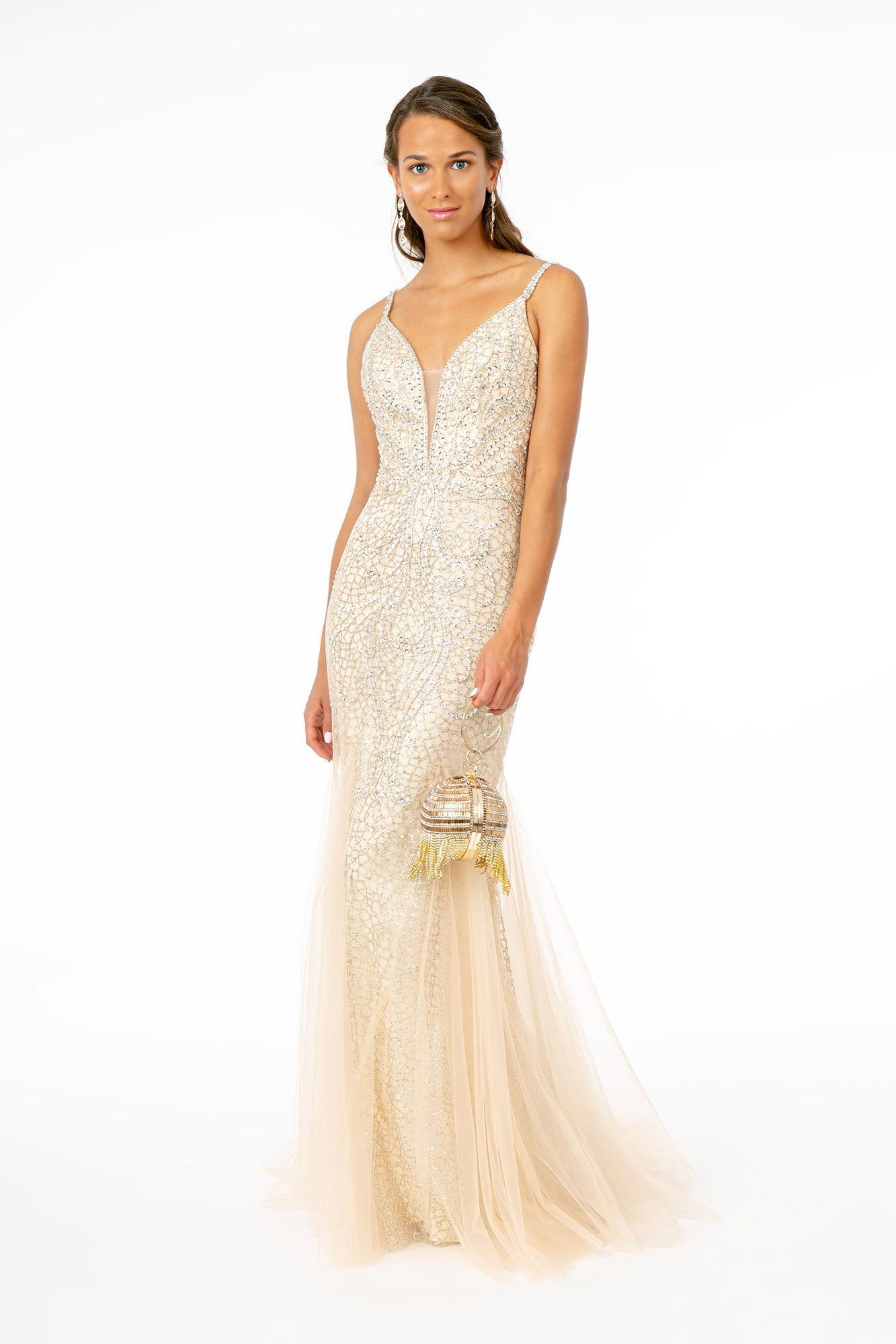 Sparkling Embellished Plunging Neck Long Dress from GLS by Gloria