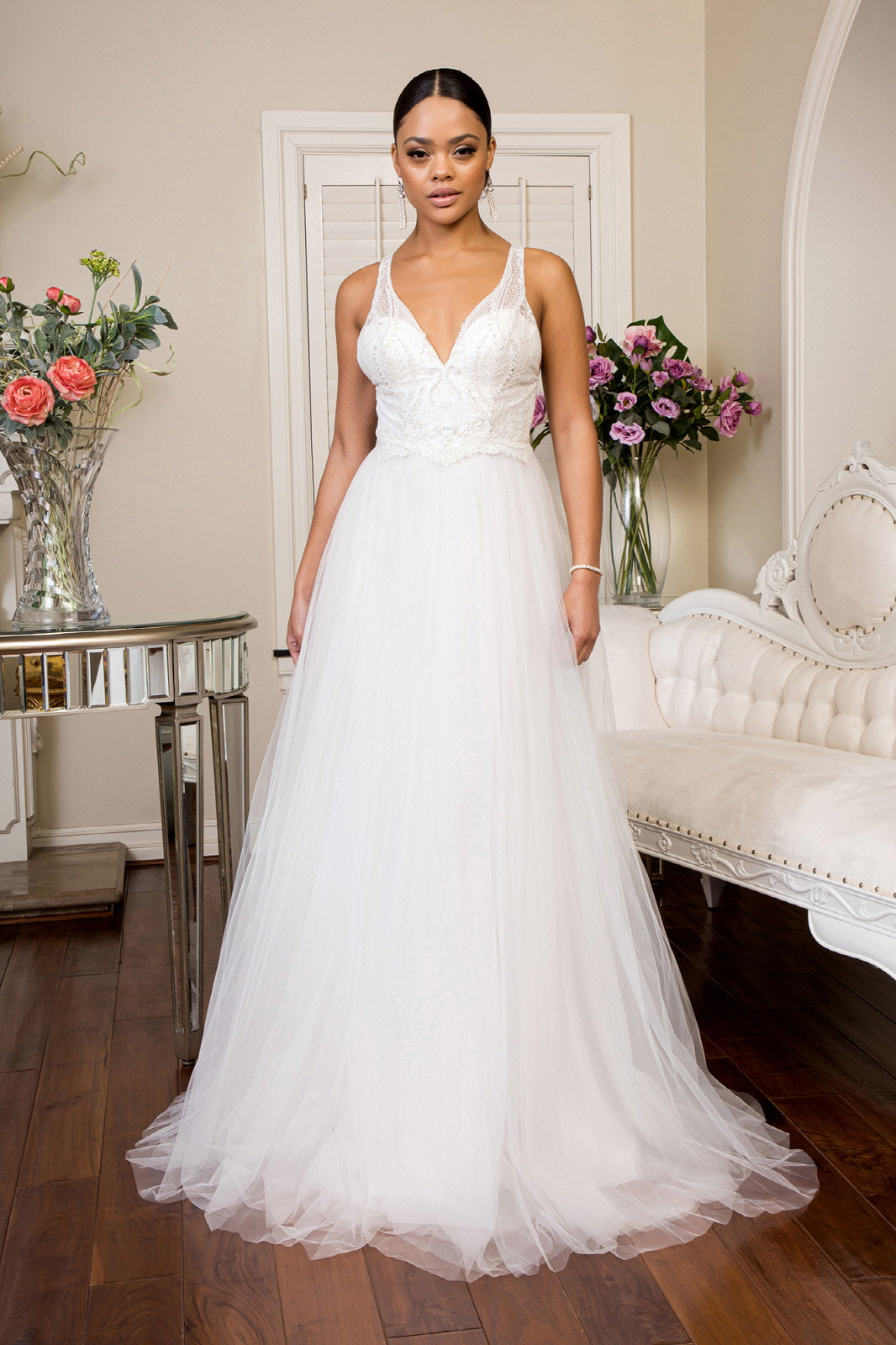 Beads Embellished Bodice Glitter Mesh Wedding Gown