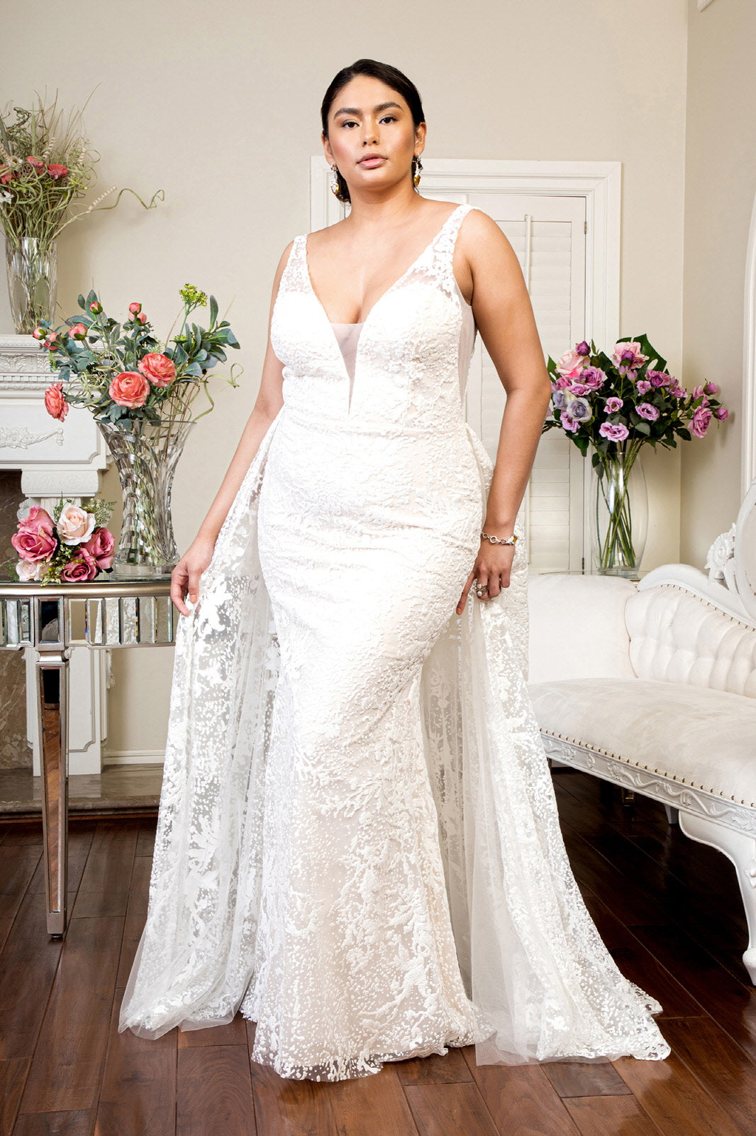 Illusion V-Neck Sheer Side and Back Mermaid Wedding Gown w/ Detachable Mesh Layer - Mask Not Included