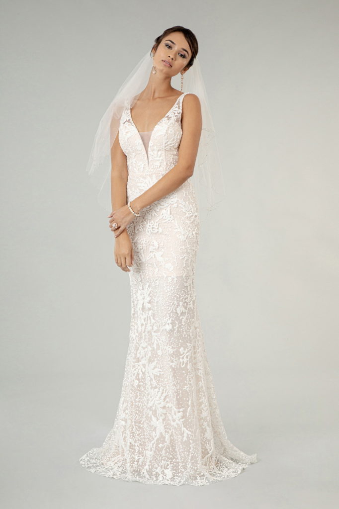 Illusion V-Neck Sheer Side and Back Mermaid Wedding Gown w/ Detachable Mesh Layer - Mask Not Included