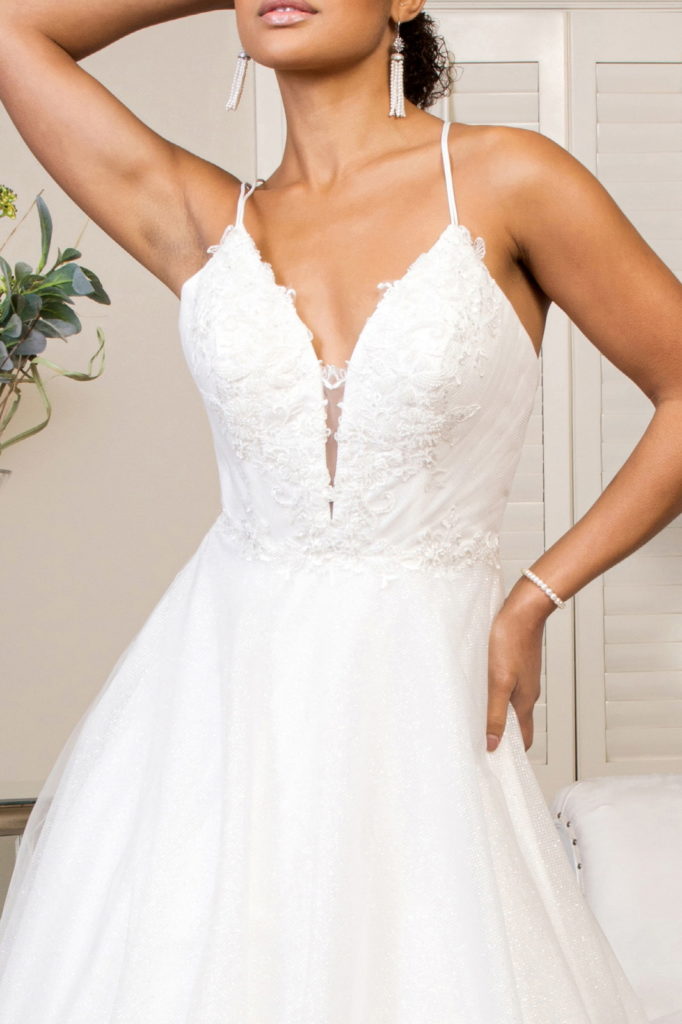 Embroidered Bodice Sweethearted Glitter Mesh Wedding Gown w/ Spaghetti Strap