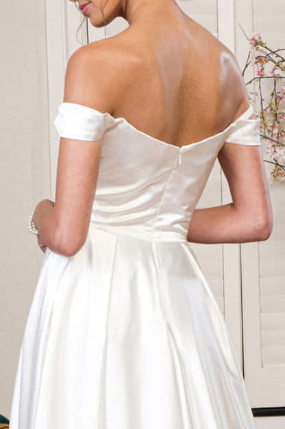 Pleated Waistline Sweethearted Cut-Away Shoulder Satin A-Line Dress